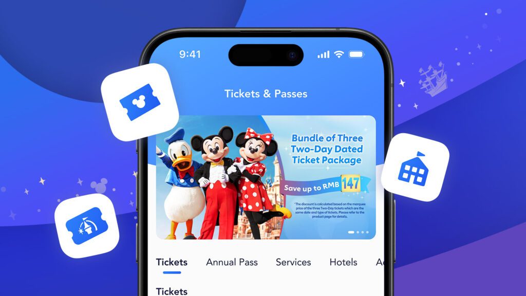 Giao diện app Disneyland Shanghai Resort hỗ trợ xem bản đồ và thời gian chờ trò chơi trực tuyến.