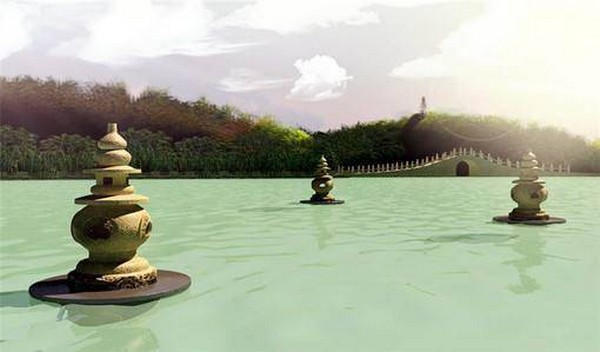 Ba tháp đá cổ kính thuộc danh thắng Tam Đàn Ấn Nguyệt nhô lên huyền ảo trên mặt nước Tây Hồ Hàng Châu.