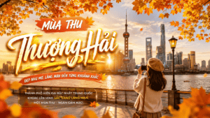 Du lịch Thượng Hải mùa thu với khung cảnh lá vàng bên sông Hoàng Phố và đường chân trời hiện đại của thành phố