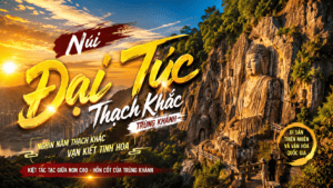 Toàn cảnh Đại Túc Thạch Khắc (Dazu Rock Carvings) tại Trùng Khánh, Trung Quốc với tượng Phật khắc trên vách đá hùng vĩ giữa khung cảnh thiên nhiên xanh mát. Thiết kế nổi bật với phong cách poster du lịch hiện đại, chữ vàng nghệ thuật cùng slogan tôn vinh giá trị di sản văn hóa thế giới.