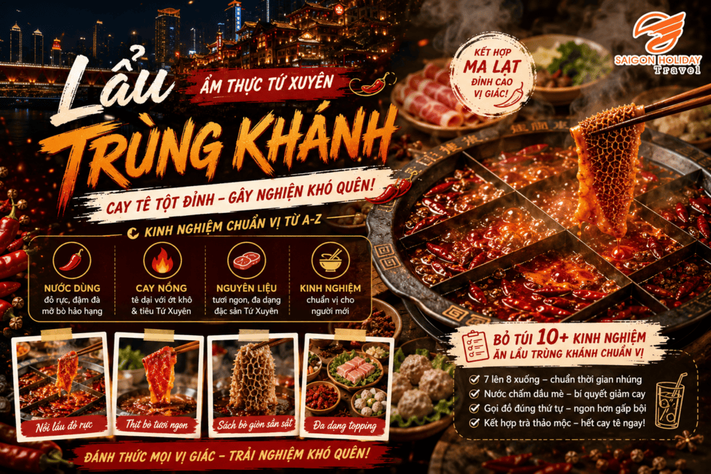 Nồi lẩu Trùng Khánh ẩm thực Tứ Xuyên nghi ngút khói với đầy đủ các món đặc sản Tứ Xuyên phải thử và gói gia vị lẩu Tứ Xuyên chuẩn vị.