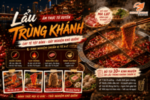 Nồi lẩu Trùng Khánh ẩm thực Tứ Xuyên nghi ngút khói với đầy đủ các món đặc sản Tứ Xuyên phải thử và gói gia vị lẩu Tứ Xuyên chuẩn vị.