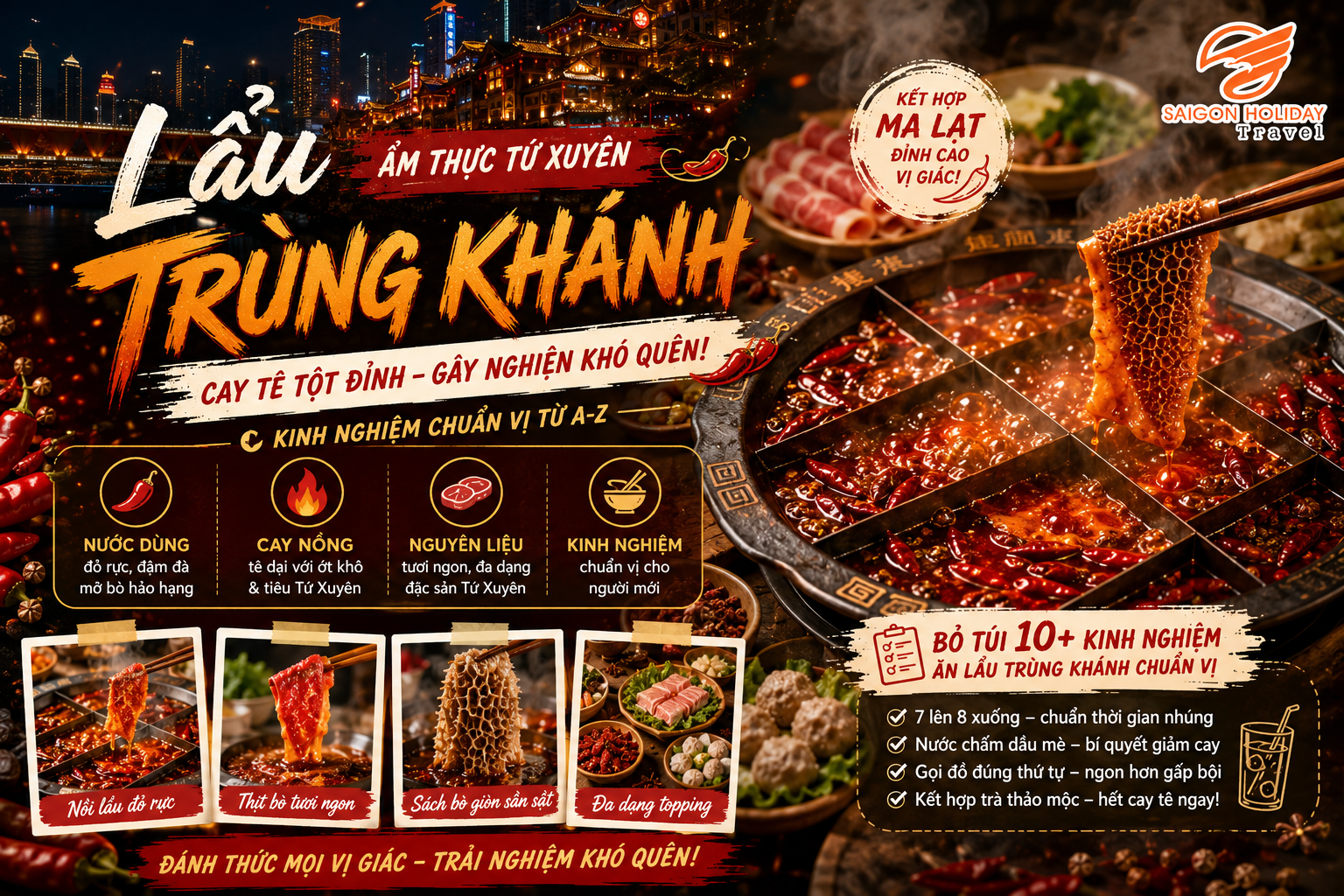 Nồi lẩu Trùng Khánh ẩm thực Tứ Xuyên nghi ngút khói với đầy đủ các món đặc sản Tứ Xuyên phải thử và gói gia vị lẩu Tứ Xuyên chuẩn vị.
