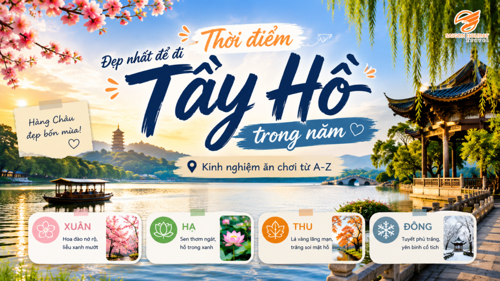 Bạn thắc mắc Tây Hồ nằm ở đâu và thời điểm đẹp nhất để đi Tây Hồ trong năm là khi nào? Khám phá ngay ẩm thực Tây Hồ Hàng Châu và lịch trình Tour du lịch Hàng Châu Tô Châu trọn gói tại đây!