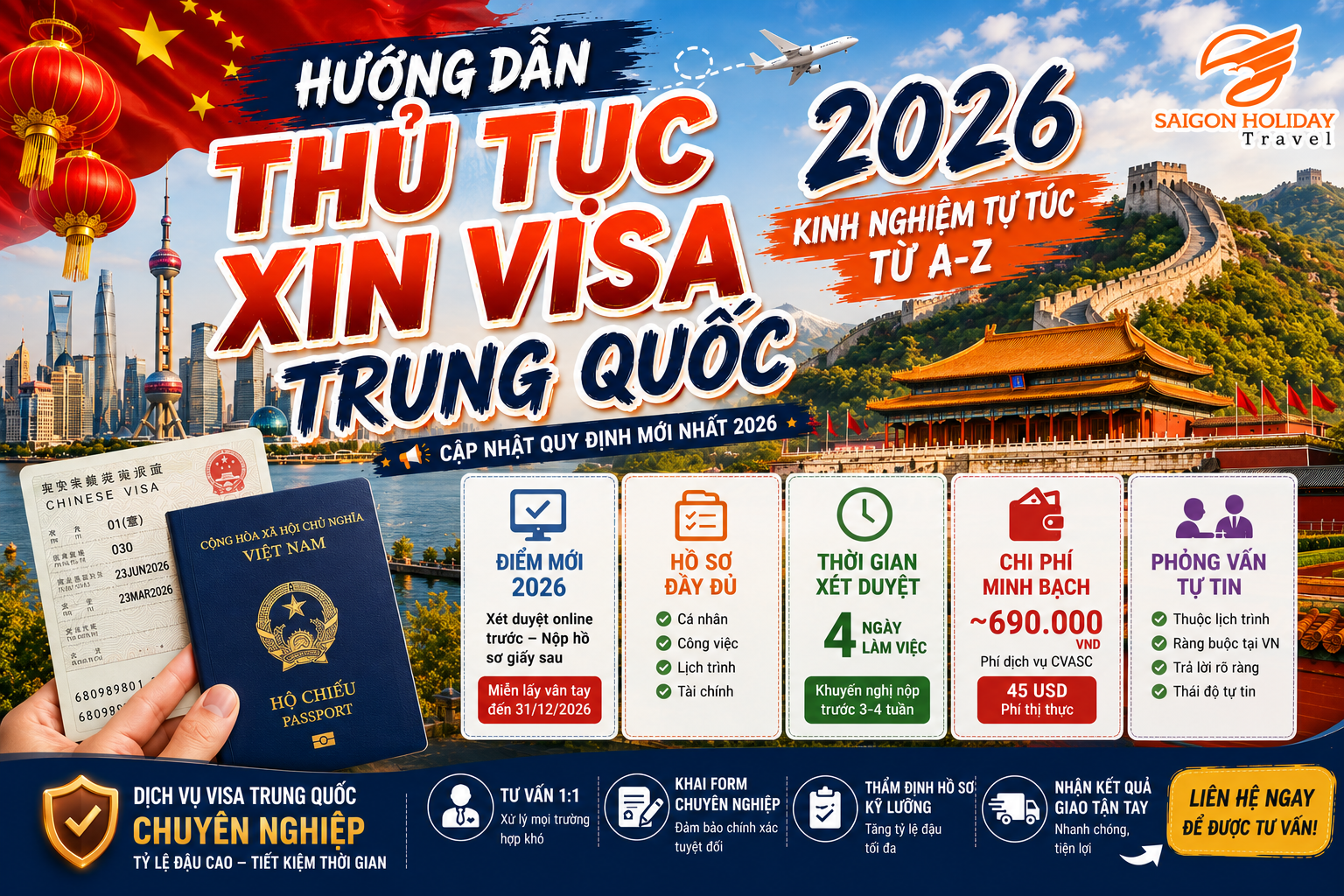 Hướng dẫn thủ tục xin visa Trung Quốc 2026 và chia sẻ kinh nghiệm xin visa Trung Quốc tự túc từ Saigonholiday Travel.
