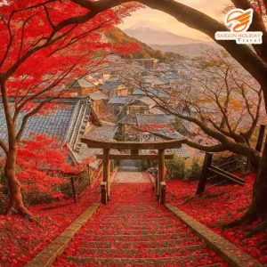 Du lịch Nhật Bản mùa nào đẹp nhất - Sắc lá phong đỏ rực mùa thu bên cổng torii