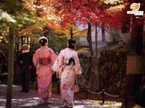 Kimono Nhật Bản họa tiết hoa dạo bước dưới tán lá phong mùa thu Kyoto