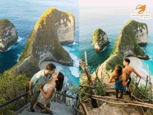 Bali Swing - Toàn cảnh vách đá Kelingking Beach với biển xanh và bờ biển hình khủng long đặc trưng