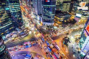 Seoul - Gangnam sôi động với những tòa nhà hiện đại, đường phố nhộn nhịp và ánh đèn đô thị